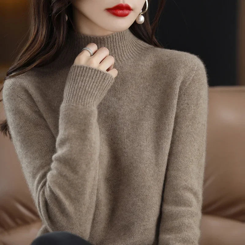 Winter Women Sweater, Korean Fashion Warm Half High Collar Knitwear Solid Long Sleeve