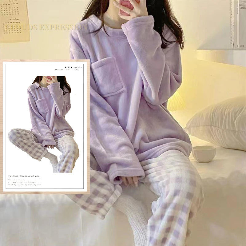 Autumn Winter Flannel Women Pajamas Sets, Printed Teddy Sleepwear Velvet Homewear