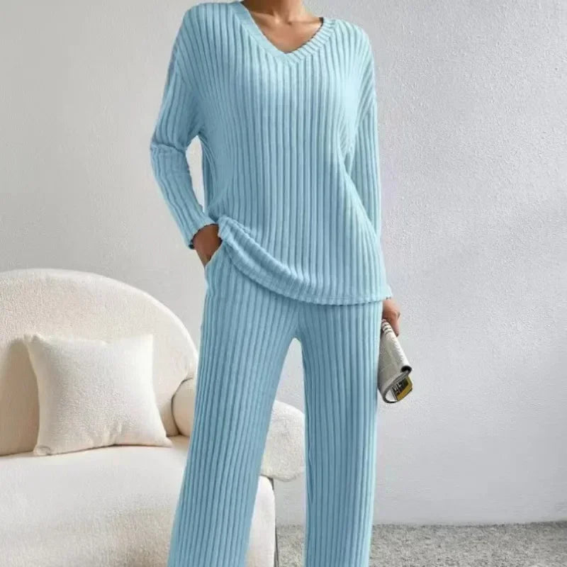 Women's Two-Piece Loungewear Pajamas, Straight Pants Pullover Sleepwear V Neck Knitted