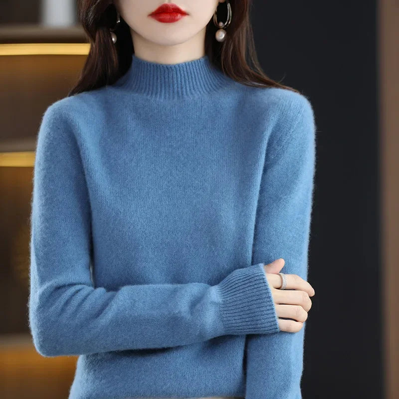 Winter Women Sweater, Korean Fashion Warm Half High Collar Knitwear Solid Long Sleeve