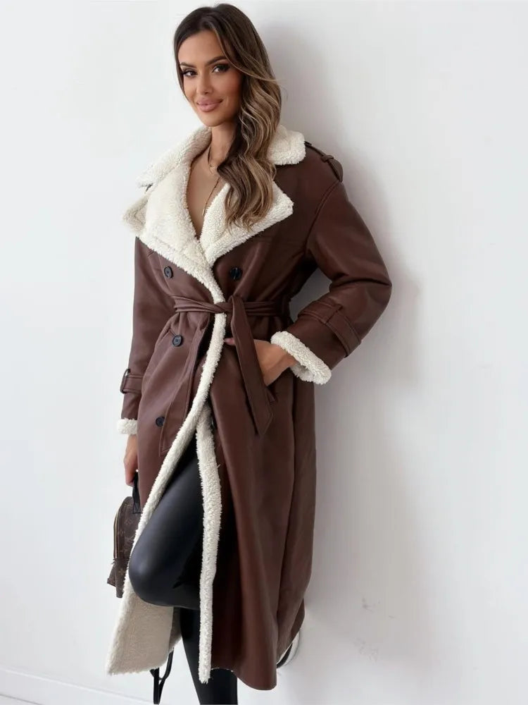 Winter Fashion Faux Leather Woolen Coats, Women Solid Color Turn-down Collar Mid-length Jacket