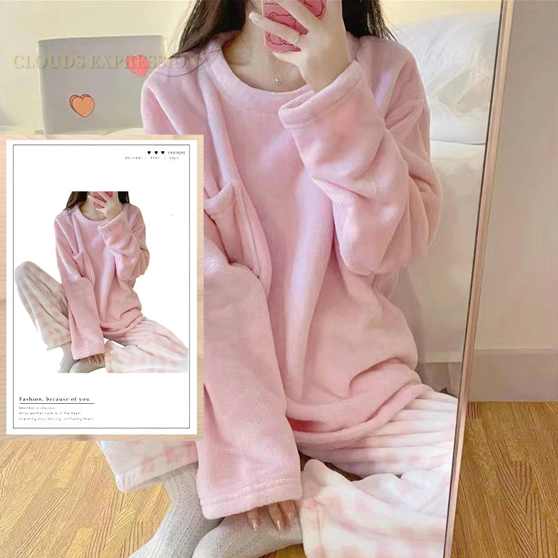 Autumn Winter Flannel Women Pajamas Sets, Printed Teddy Sleepwear Velvet Homewear