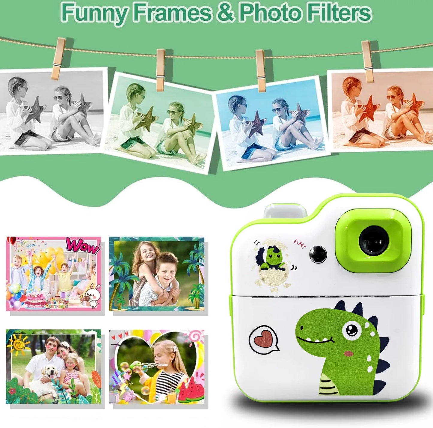 Cartoon Dinosaur Camera Toy Instant Thermal Photo Print Camera+32G Memory Card