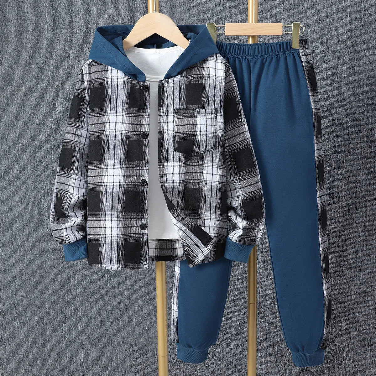 Kids Autumn Casual Checker Hoodie Set, Shirt Suit Soft Ventilate Children's Clothing Set