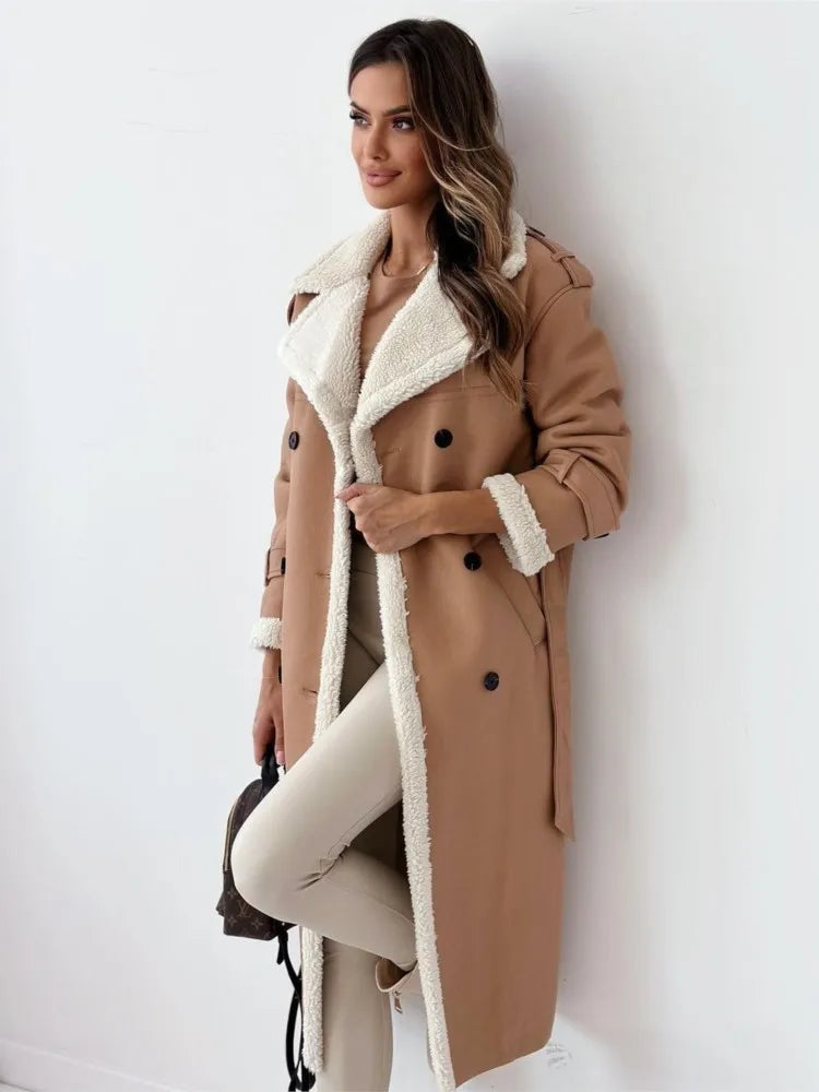 Winter Fashion Faux Leather Woolen Coats, Women Solid Color Turn-down Collar Mid-length Jacket