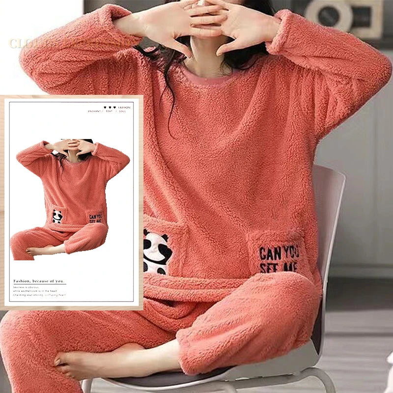 Autumn Winter Flannel Women Pajamas Sets, Printed Teddy Sleepwear Velvet Homewear