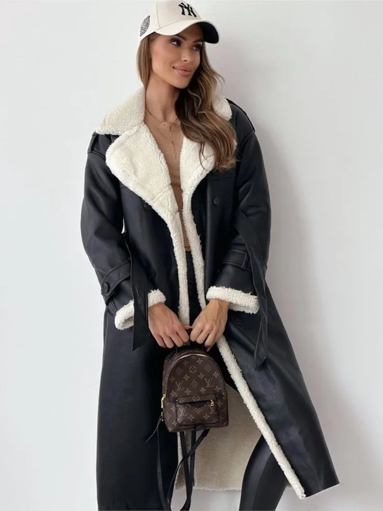 Winter Fashion Faux Leather Woolen Coats, Women Solid Color Turn-down Collar Mid-length Jacket