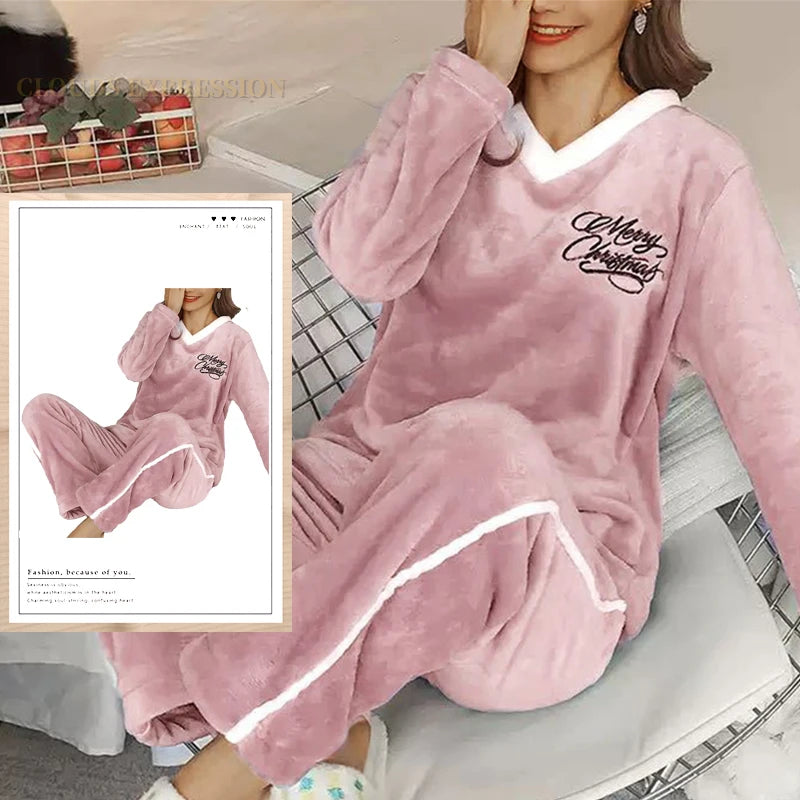 Autumn Winter Flannel Women Pajamas Sets, Printed Teddy Sleepwear Velvet Homewear