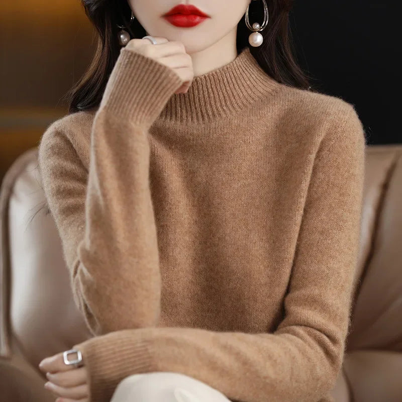 Winter Women Sweater, Korean Fashion Warm Half High Collar Knitwear Solid Long Sleeve