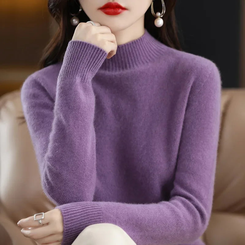 Winter Women Sweater, Korean Fashion Warm Half High Collar Knitwear Solid Long Sleeve