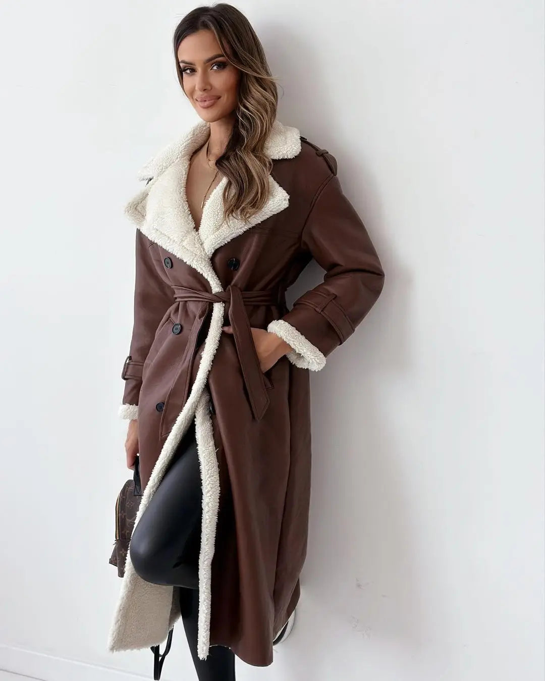 Winter Fashion Faux Leather Woolen Coats, Women Solid Color Turn-down Collar Mid-length Jacket