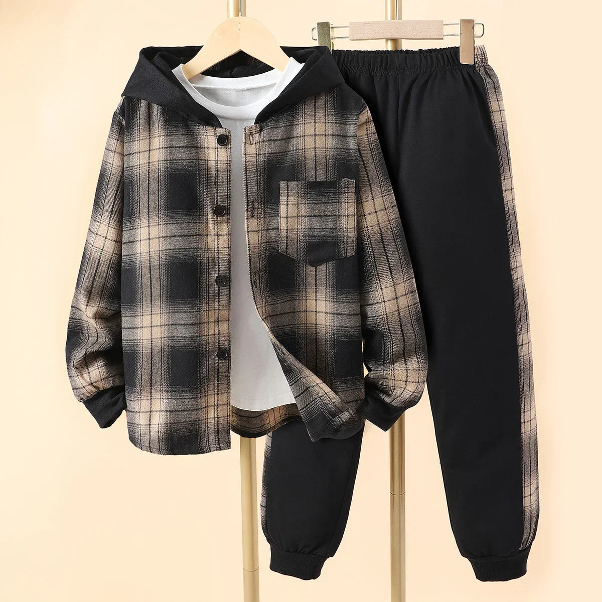 Kids Autumn Casual Checker Hoodie Set, Shirt Suit Soft Ventilate Children's Clothing Set