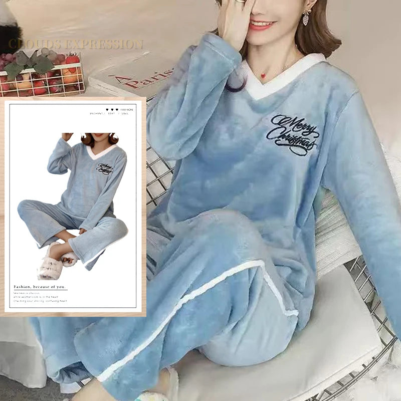 Autumn Winter Flannel Women Pajamas Sets, Printed Teddy Sleepwear Velvet Homewear