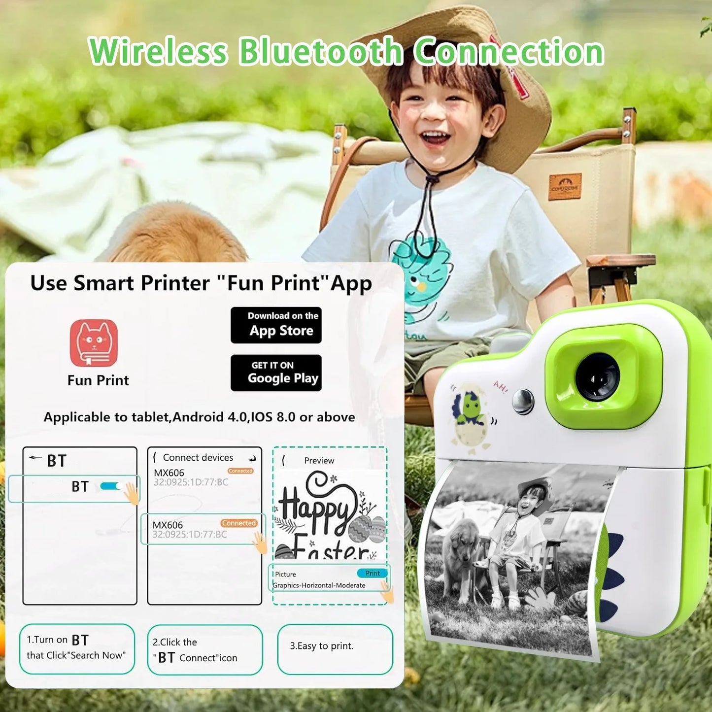 Cartoon Dinosaur Camera Toy Instant Thermal Photo Print Camera+32G Memory Card