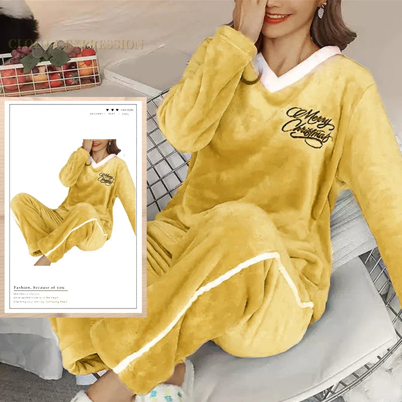 Autumn Winter Flannel Women Pajamas Sets, Printed Teddy Sleepwear Velvet Homewear