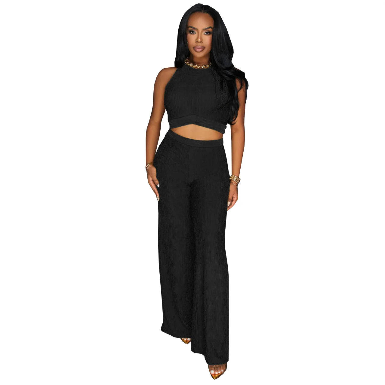 Women's Fashion Cropped Tie-Up Bell Bottoms Sexy 2-Piece Set European and American Style