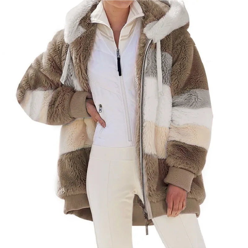 Jacket for Women, Warm Plush Pocket Hooded Streetwear Loose Lady Coat