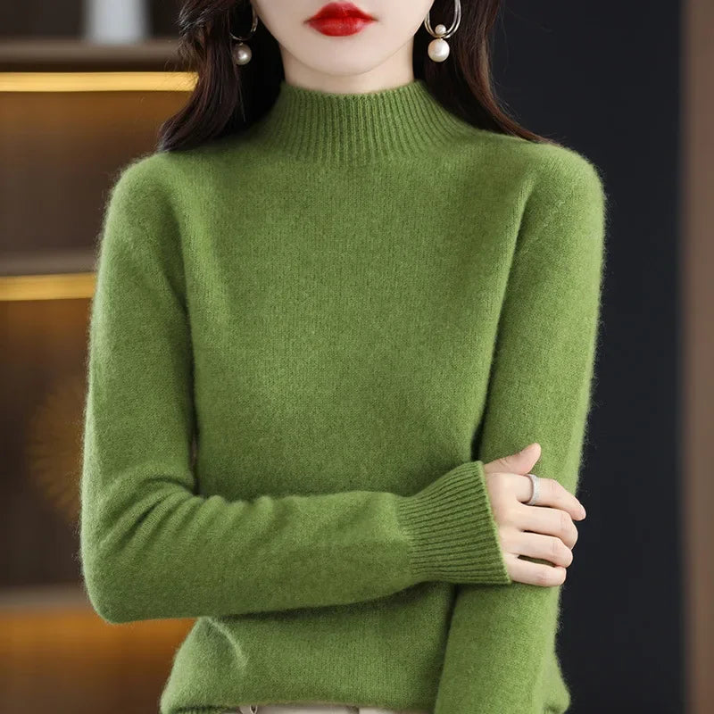 Winter Women Sweater, Korean Fashion Warm Half High Collar Knitwear Solid Long Sleeve