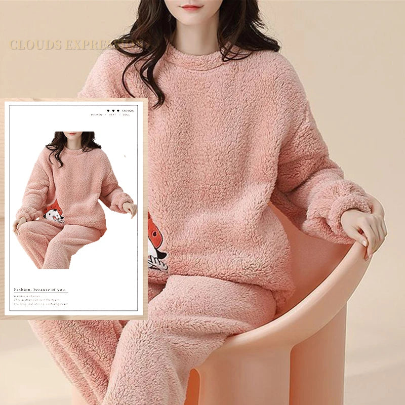 Autumn Winter Flannel Women Pajamas Sets, Printed Teddy Sleepwear Velvet Homewear