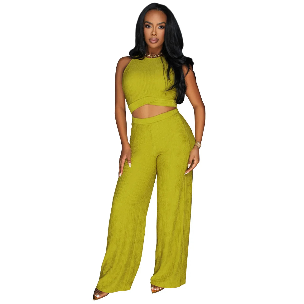 Women's Fashion Cropped Tie-Up Bell Bottoms Sexy 2-Piece Set European and American Style