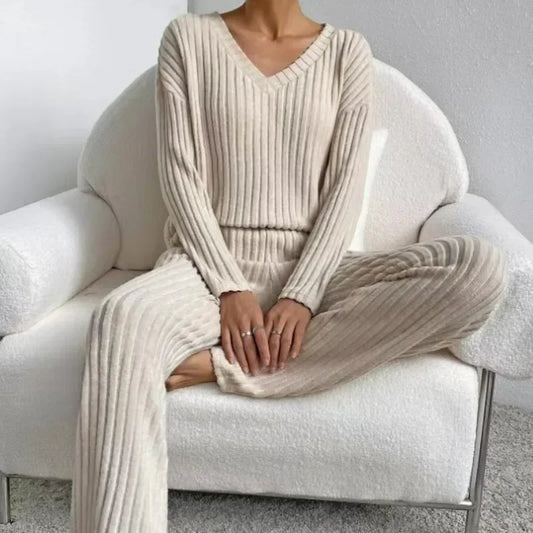 Women's Two-Piece Loungewear Pajamas, Straight Pants Pullover Sleepwear V Neck Knitted