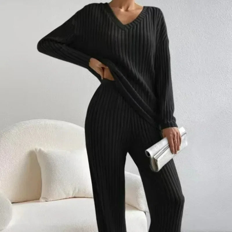 Women's Two-Piece Loungewear Pajamas, Straight Pants Pullover Sleepwear V Neck Knitted