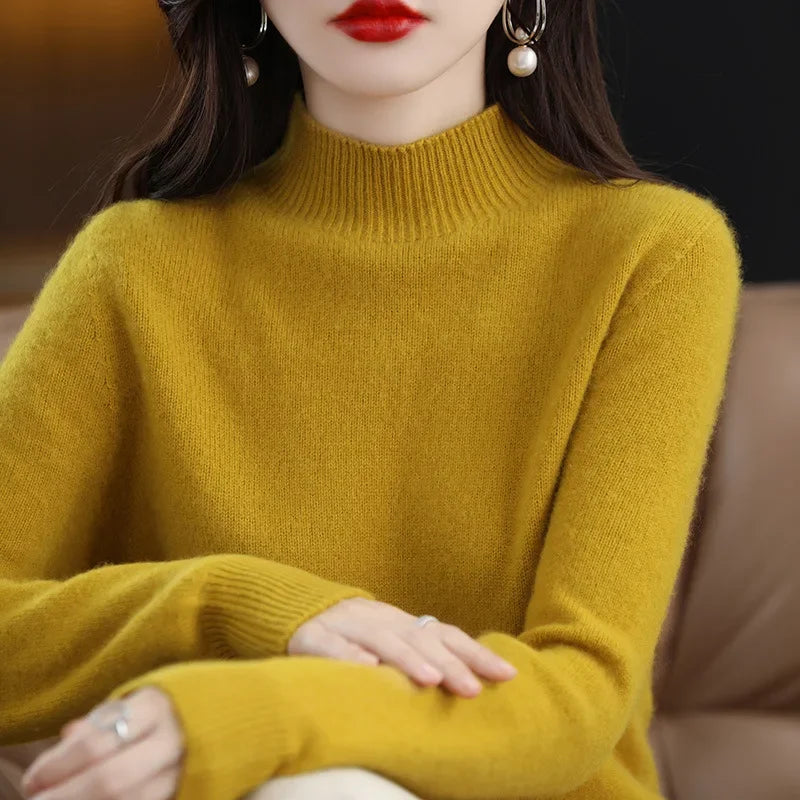 Winter Women Sweater, Korean Fashion Warm Half High Collar Knitwear Solid Long Sleeve