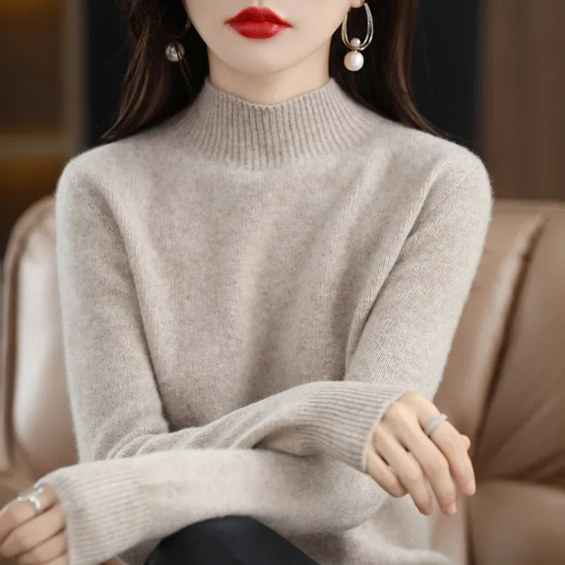 Winter Women Sweater, Korean Fashion Warm Half High Collar Knitwear Solid Long Sleeve