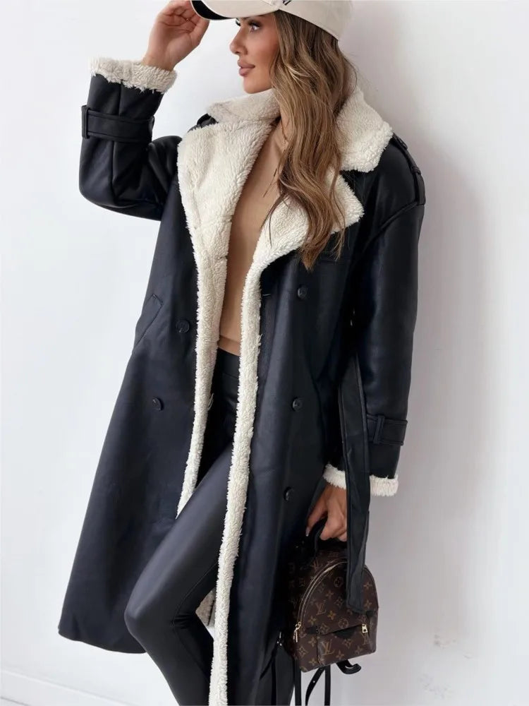 Winter Fashion Faux Leather Woolen Coats, Women Solid Color Turn-down Collar Mid-length Jacket