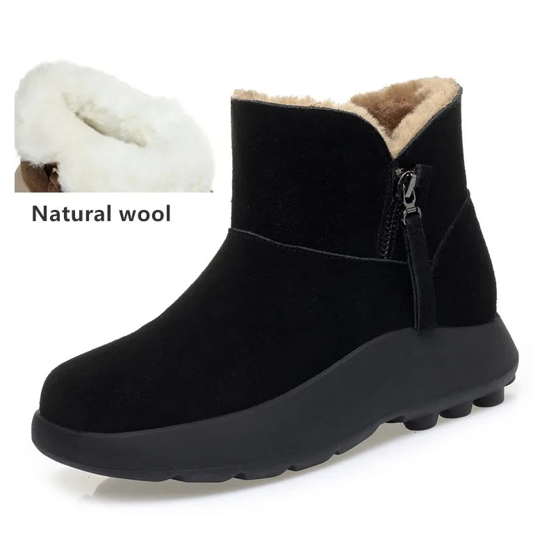 Snow Boots Women's Genuine Leather, Natural Wool Female Ankle Boots