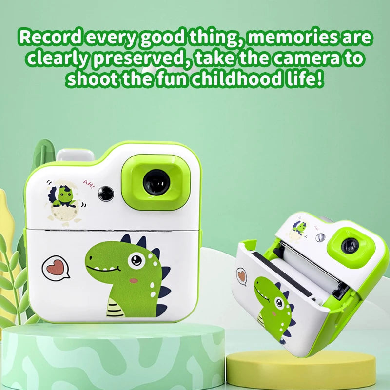 Cartoon Dinosaur Camera Toy Instant Thermal Photo Print Camera+32G Memory Card