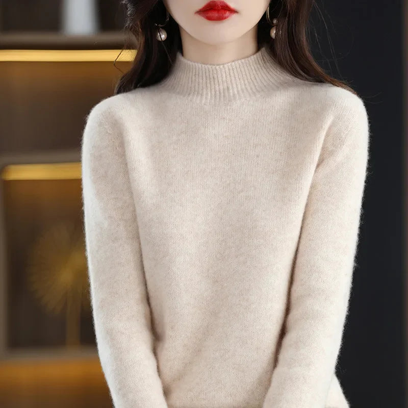 Winter Women Sweater, Korean Fashion Warm Half High Collar Knitwear Solid Long Sleeve