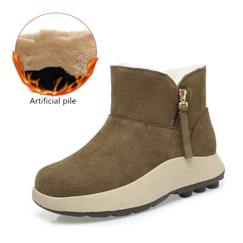 Snow Boots Women's Genuine Leather, Natural Wool Female Ankle Boots