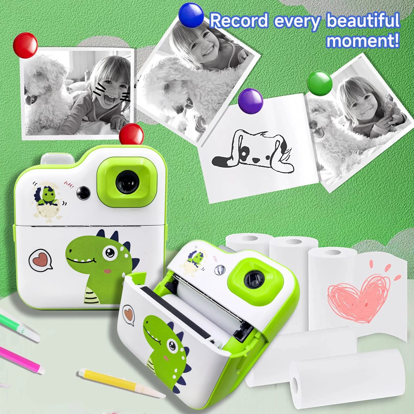 Cartoon Dinosaur Camera Toy Instant Thermal Photo Print Camera+32G Memory Card