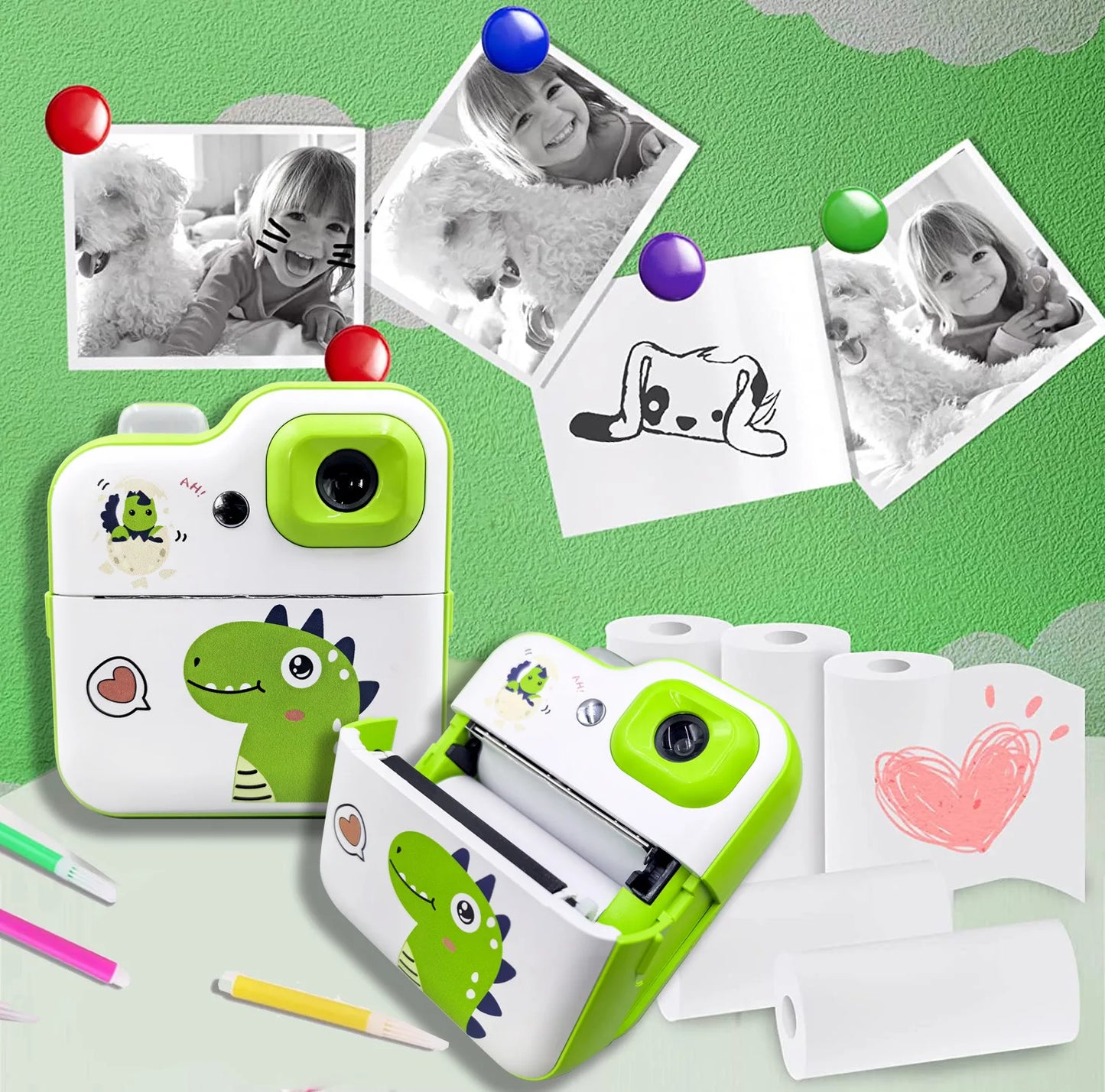 Cartoon Dinosaur Camera Toy Instant Thermal Photo Print Camera+32G Memory Card