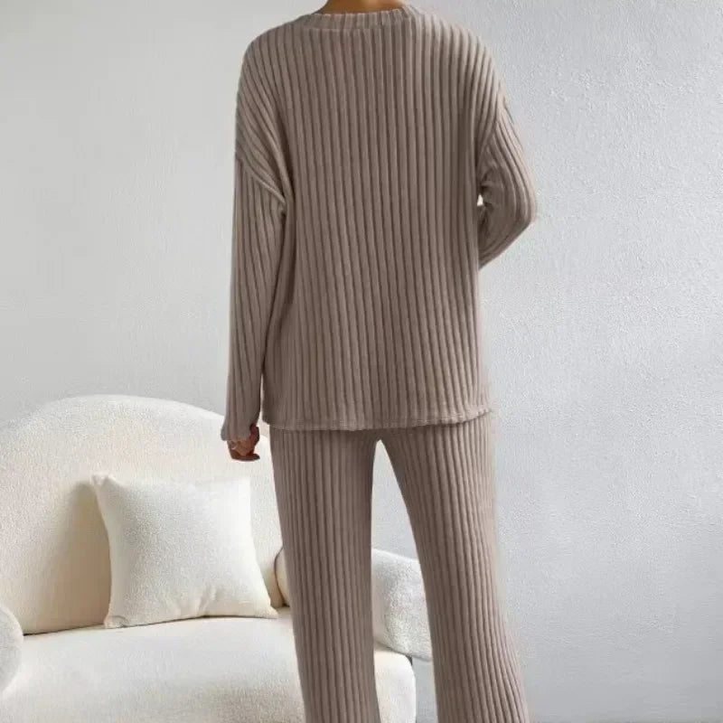 Women's Two-Piece Loungewear Pajamas, Straight Pants Pullover Sleepwear V Neck Knitted