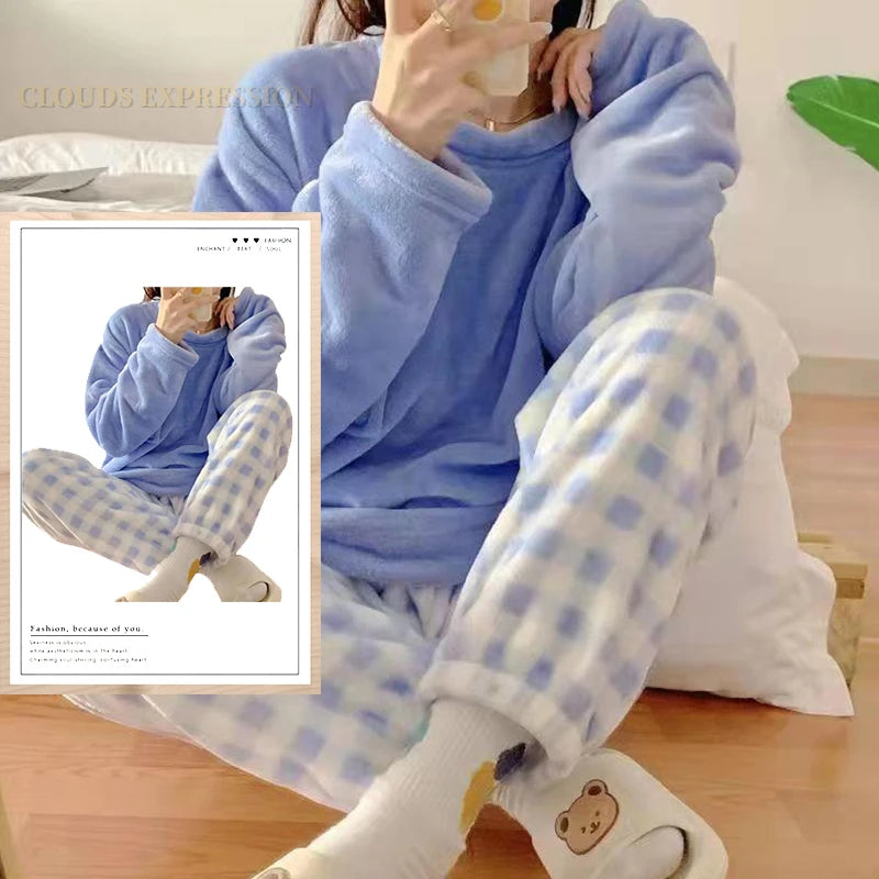 Autumn Winter Flannel Women Pajamas Sets, Printed Teddy Sleepwear Velvet Homewear