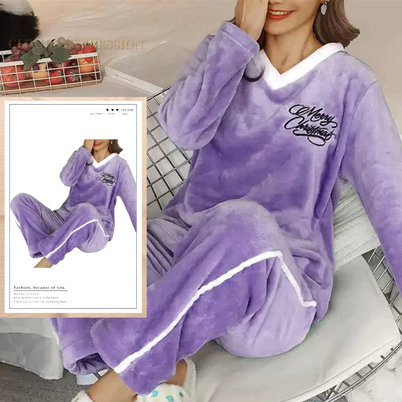 Autumn Winter Flannel Women Pajamas Sets, Printed Teddy Sleepwear Velvet Homewear