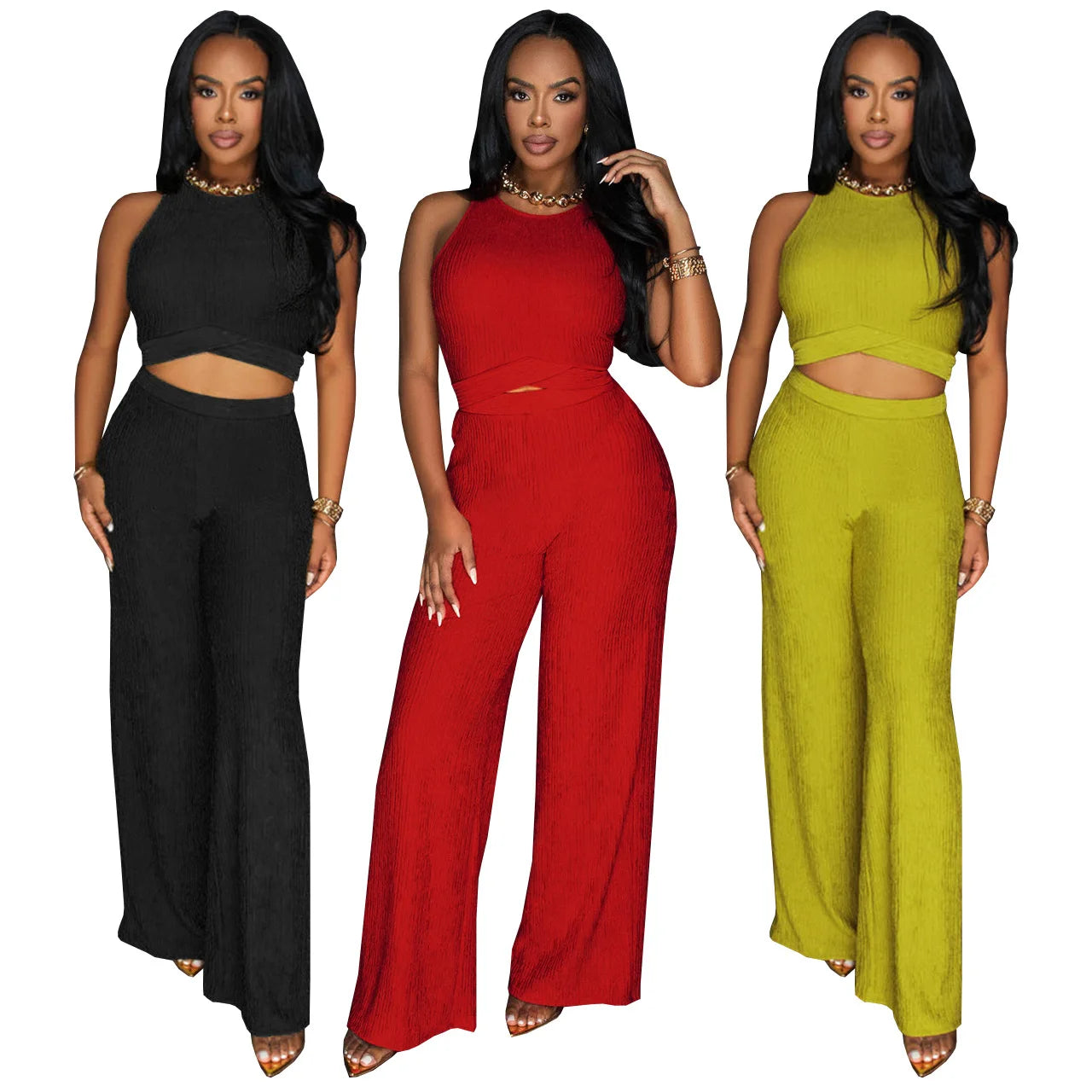 Women's Fashion Cropped Tie-Up Bell Bottoms Sexy 2-Piece Set European and American Style