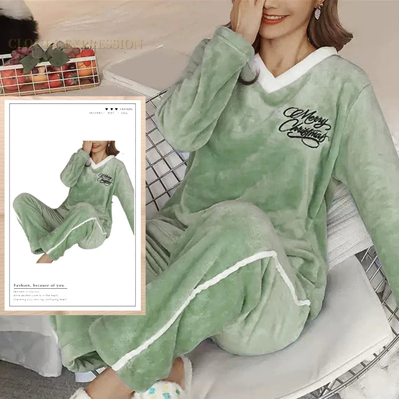 Autumn Winter Flannel Women Pajamas Sets, Printed Teddy Sleepwear Velvet Homewear