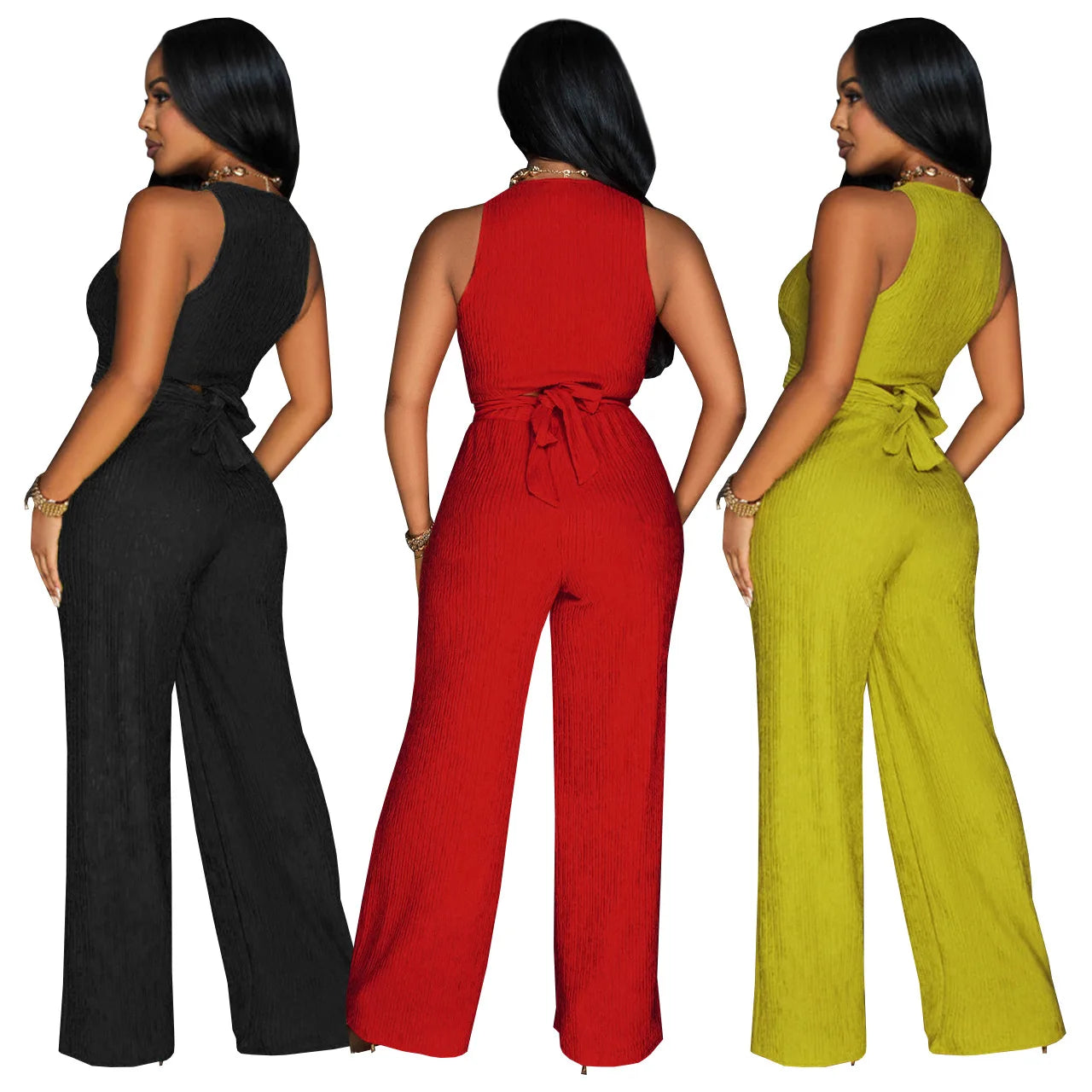 Women's Fashion Cropped Tie-Up Bell Bottoms Sexy 2-Piece Set European and American Style