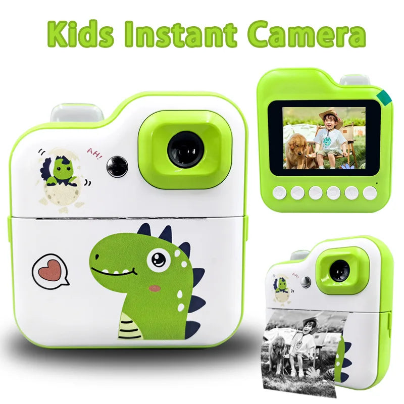 Cartoon Dinosaur Camera Toy Instant Thermal Photo Print Camera+32G Memory Card