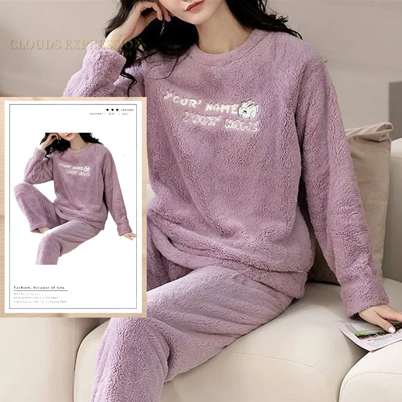 Autumn Winter Flannel Women Pajamas Sets, Printed Teddy Sleepwear Velvet Homewear