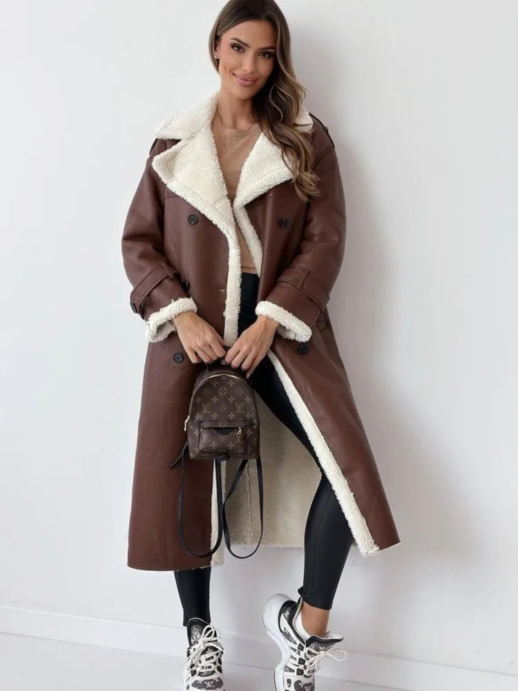 Winter Fashion Faux Leather Woolen Coats, Women Solid Color Turn-down Collar Mid-length Jacket