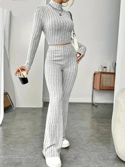 Women's Solid Color Streetwear, Round Neck Tops & Loose Pants Suit, Sport Two Piece Sets