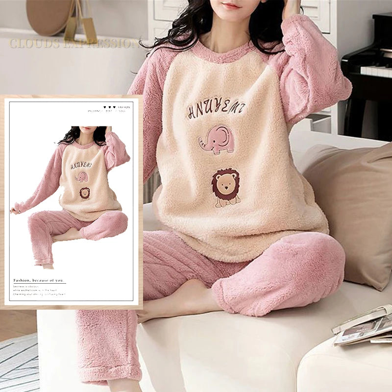 Autumn Winter Flannel Women Pajamas Sets, Printed Teddy Sleepwear Velvet Homewear