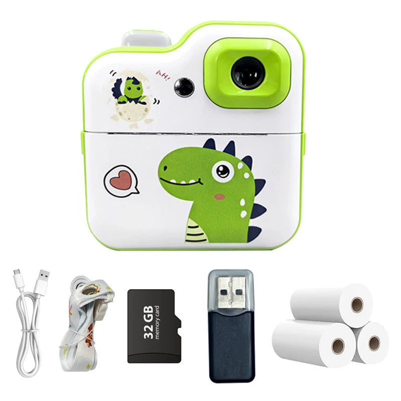 Cartoon Dinosaur Camera Toy Instant Thermal Photo Print Camera+32G Memory Card