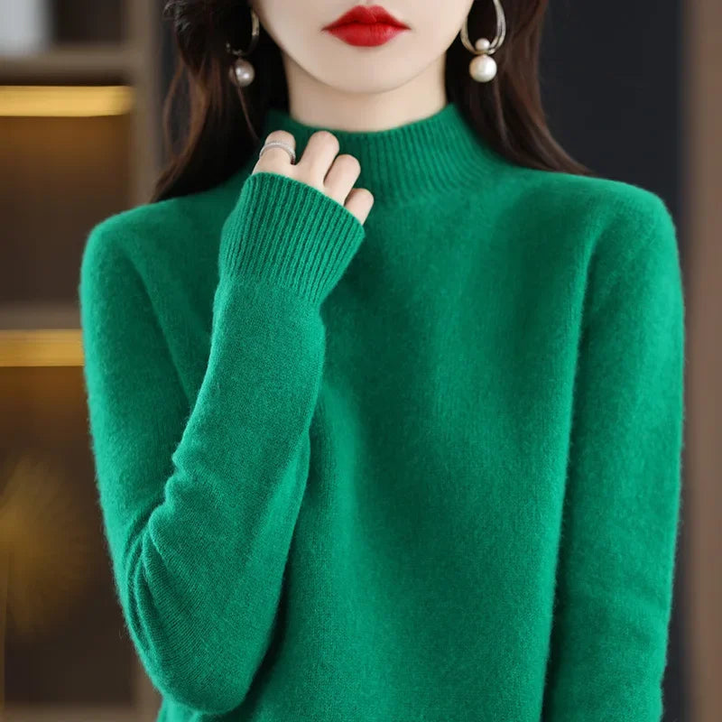 Winter Women Sweater, Korean Fashion Warm Half High Collar Knitwear Solid Long Sleeve