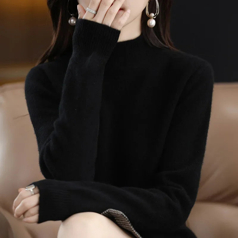 Winter Women Sweater, Korean Fashion Warm Half High Collar Knitwear Solid Long Sleeve