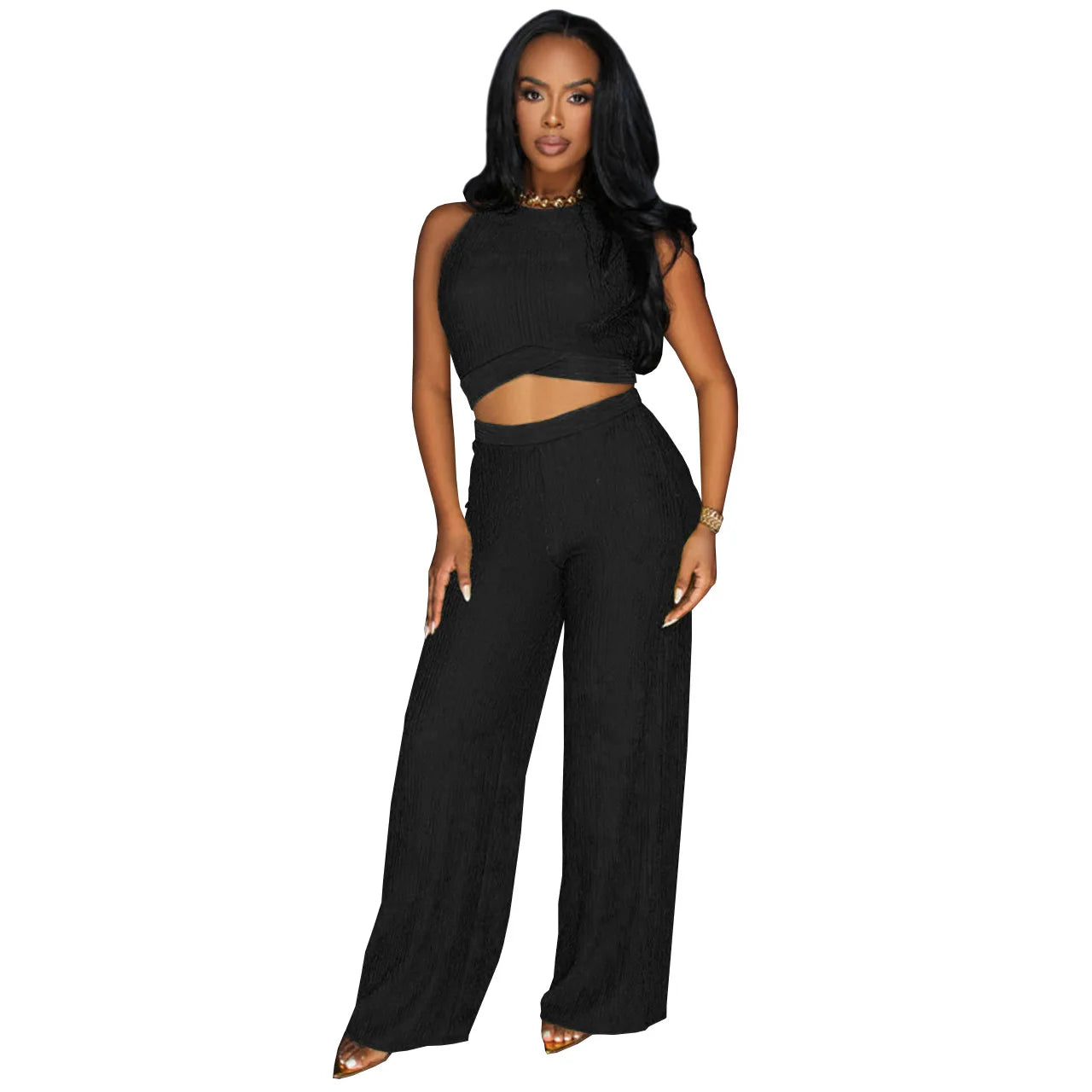 Women's Fashion Cropped Tie-Up Bell Bottoms Sexy 2-Piece Set European and American Style